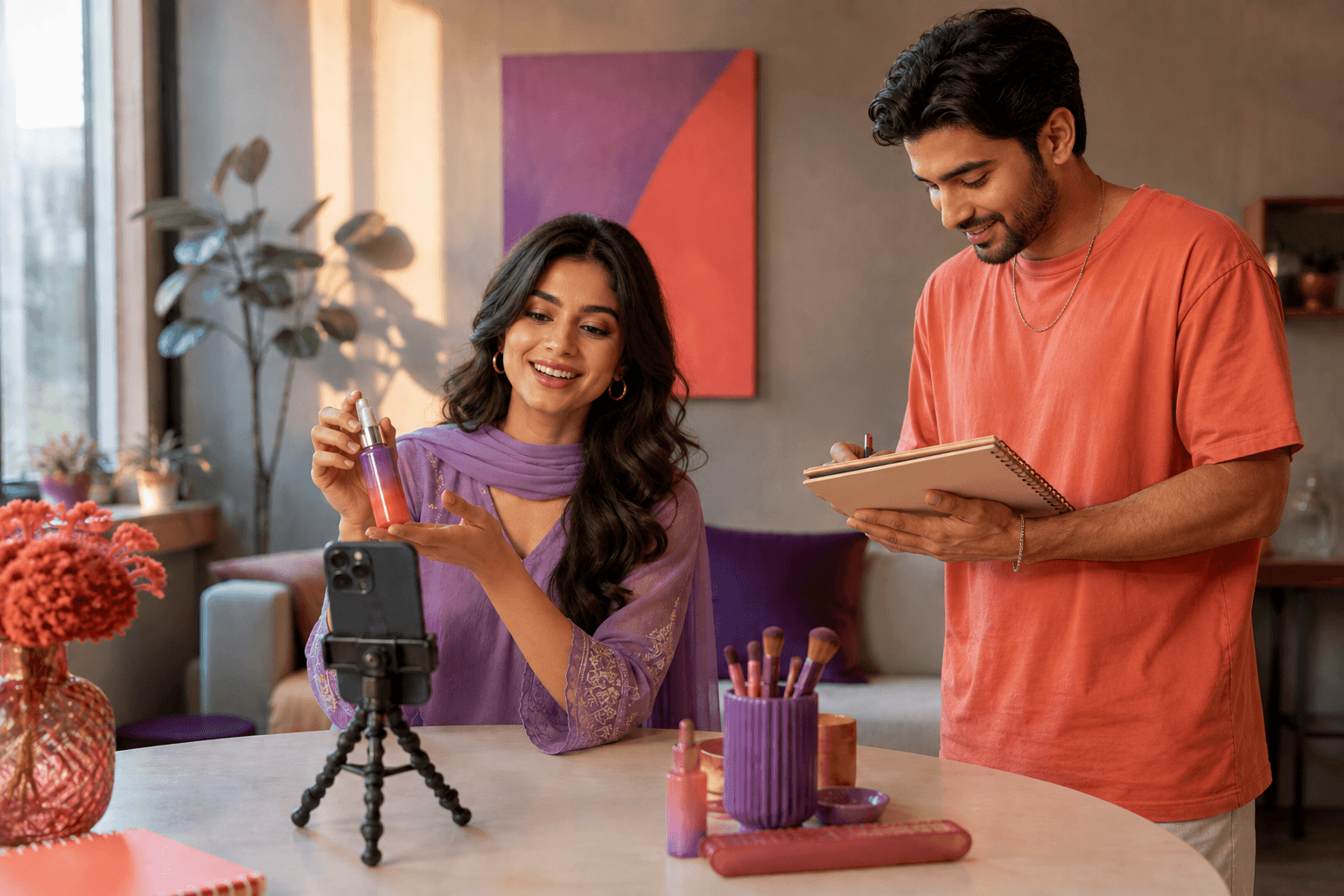 Editorial scene of a creator demonstrating a beauty product